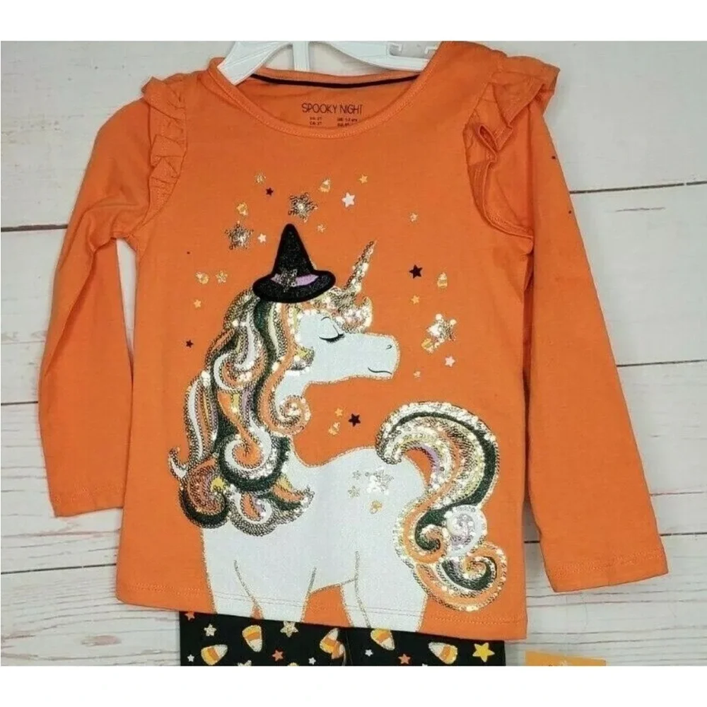 🎃Spooky‎ Night Sequin Unicorn & Candy Corn Design Pajama Pants And Shirt Set​​